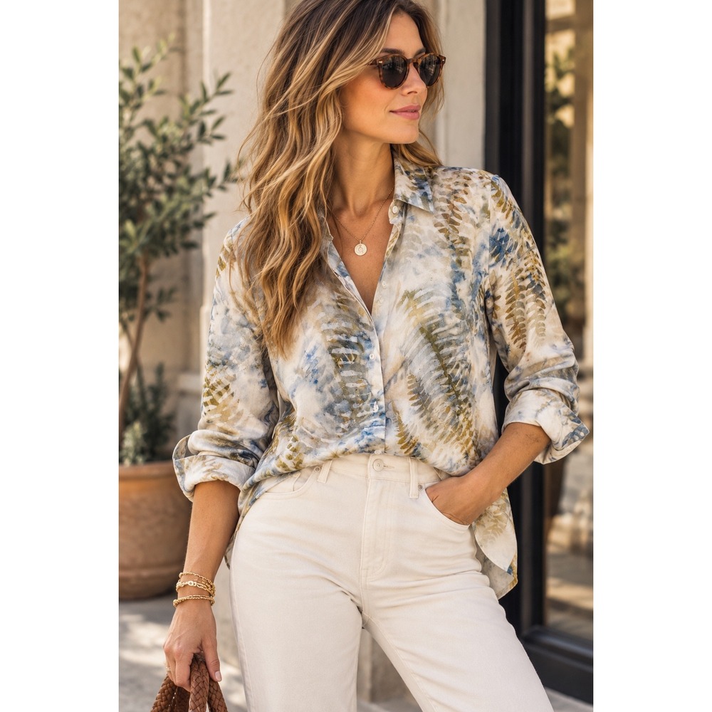 Lafayette 148 Scottie Fern Print 100% Silk Button Down Blouse Medium Botanical